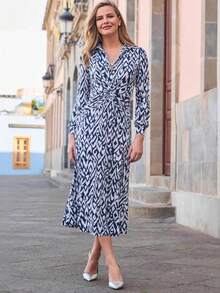 Vestido largo de manga larga para mujer, de otoño-invierno, estampado, diseño de botones con nudo/twist, corte ajustado y favorecedor, estilo casual y elegante, perfecto para el día y la noche - Azul lavado medio - Ver 7