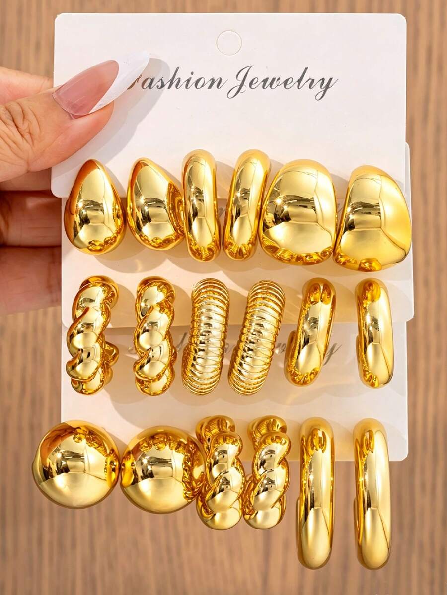Bộ 2-18 chiếc/bộ cho nữ chất liệu CCB nhẹ hình học lớn hình giọt nước, phong cách đường phố thời trang, phù hợp để đeo hàng ngày, dự tiệc và đi nghỉ, quà tặng lý tưởng cho bạn bè và cặp đôi sinh nhật - Vàng - Xem 1