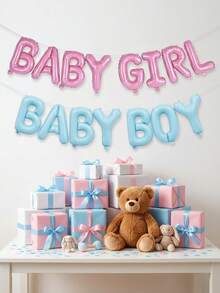 1 Set de decoraciones para baby shower que incluye pancarta de globos de papel de aluminio, corona floral de fondo, perfecta para fiesta infantil, anuncio de embarazo dulce y elegante, regalo para nuevos padres y madres embarazadas, decoración de pared metálica brillante en rosa y azul, decoraciones para celebración de recién nacido y revelación de género - Multicolor - Ver 1