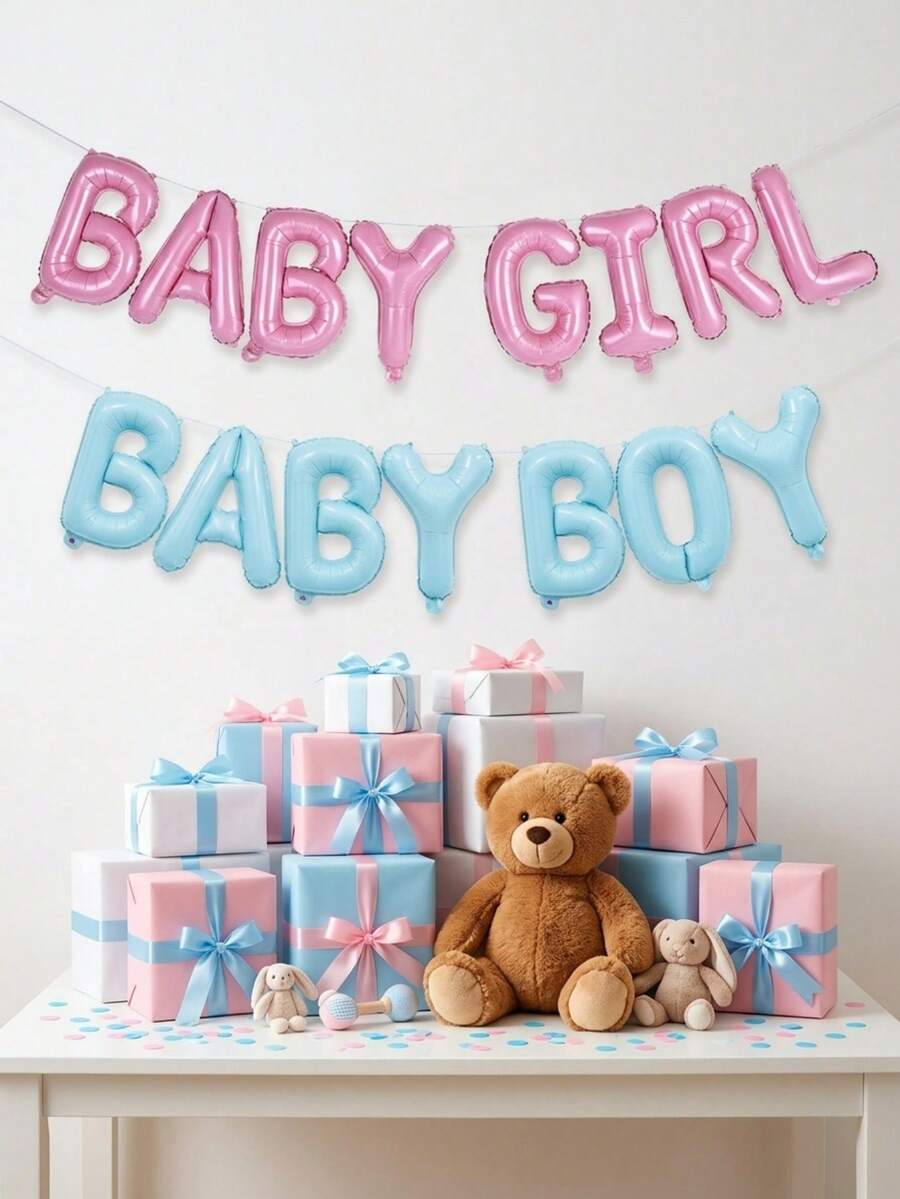 1 Set de decoraciones para baby shower que incluye pancarta de globos de papel de aluminio, corona floral de fondo, perfecta para fiesta infantil, anuncio de embarazo dulce y elegante, regalo para nuevos padres y madres embarazadas, decoración de pared metálica brillante en rosa y azul, decoraciones para celebración de recién nacido y revelación de género - Multicolor - Ver 1