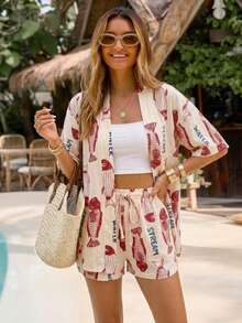 Women's Summer Vacation Style, Bohemian Print 2 Pieces Set - Red - View 3