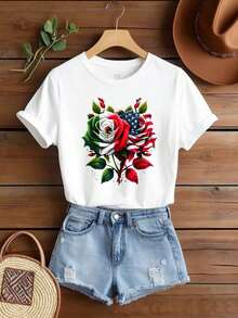 Camisetas de algodón con cuello redondo y estampado gráfico para mujer, camisetas de manga corta casuales de gran tamaño con estampado de rosas de la bandera mexicana y americana, camisetas unisex, camisetas de moda de primavera y verano para mujer. - Blanco - Ver 3