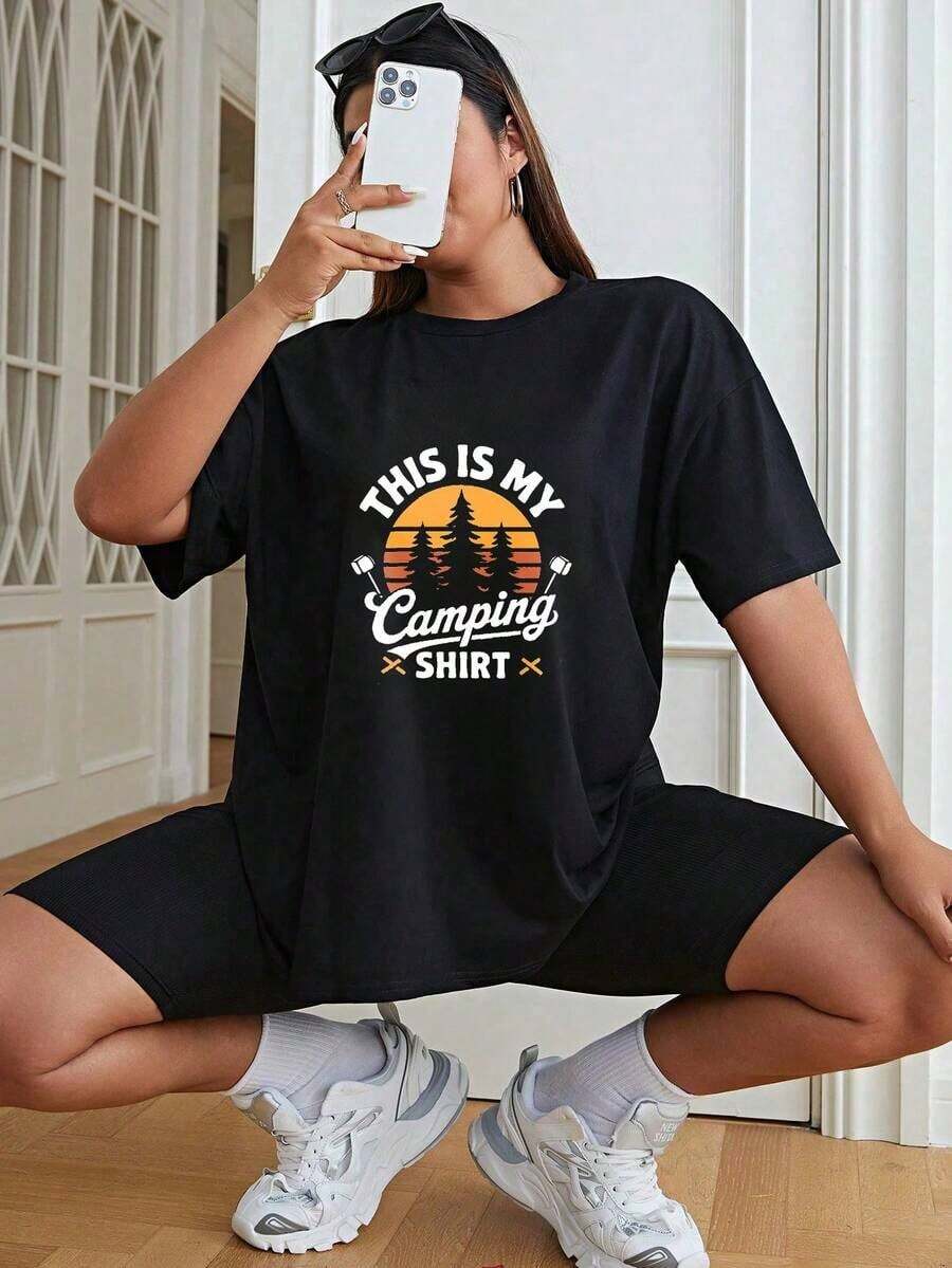 Graphic Print Women's T-Shirt, Lightweight Cotton Summer Oversized Cotton T-Shirt, "This Is My Camping Shirt" Print, Loose Fit, Round Neck, Short Sleeve, Casual Daily Wear, 100% Pure Cotton - 黑色 - 查看 1