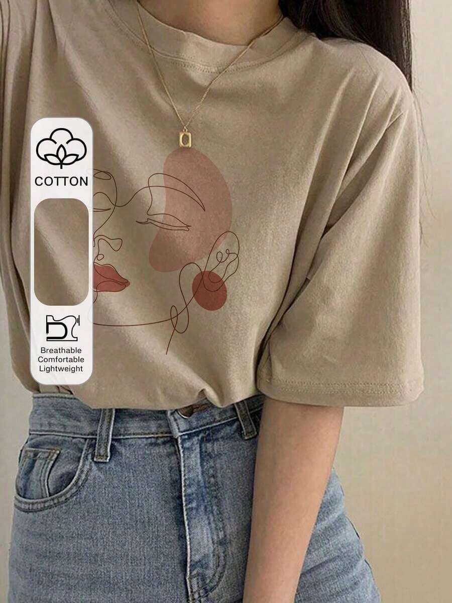 Camiseta de manga corta con cuello redondo y estampado, de corte holgado para mujer, camisetas gráficas de verano para mujer - Caqui - Ver 1