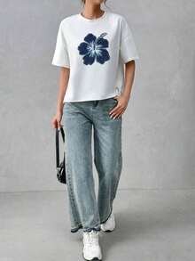 Camiseta holgada de estilo minimalista casual para mujer, con parte delantera corta y parte trasera larga, versátil para usar en la calle, adecuada para primavera y verano - Blanco 2 - Ver 8
