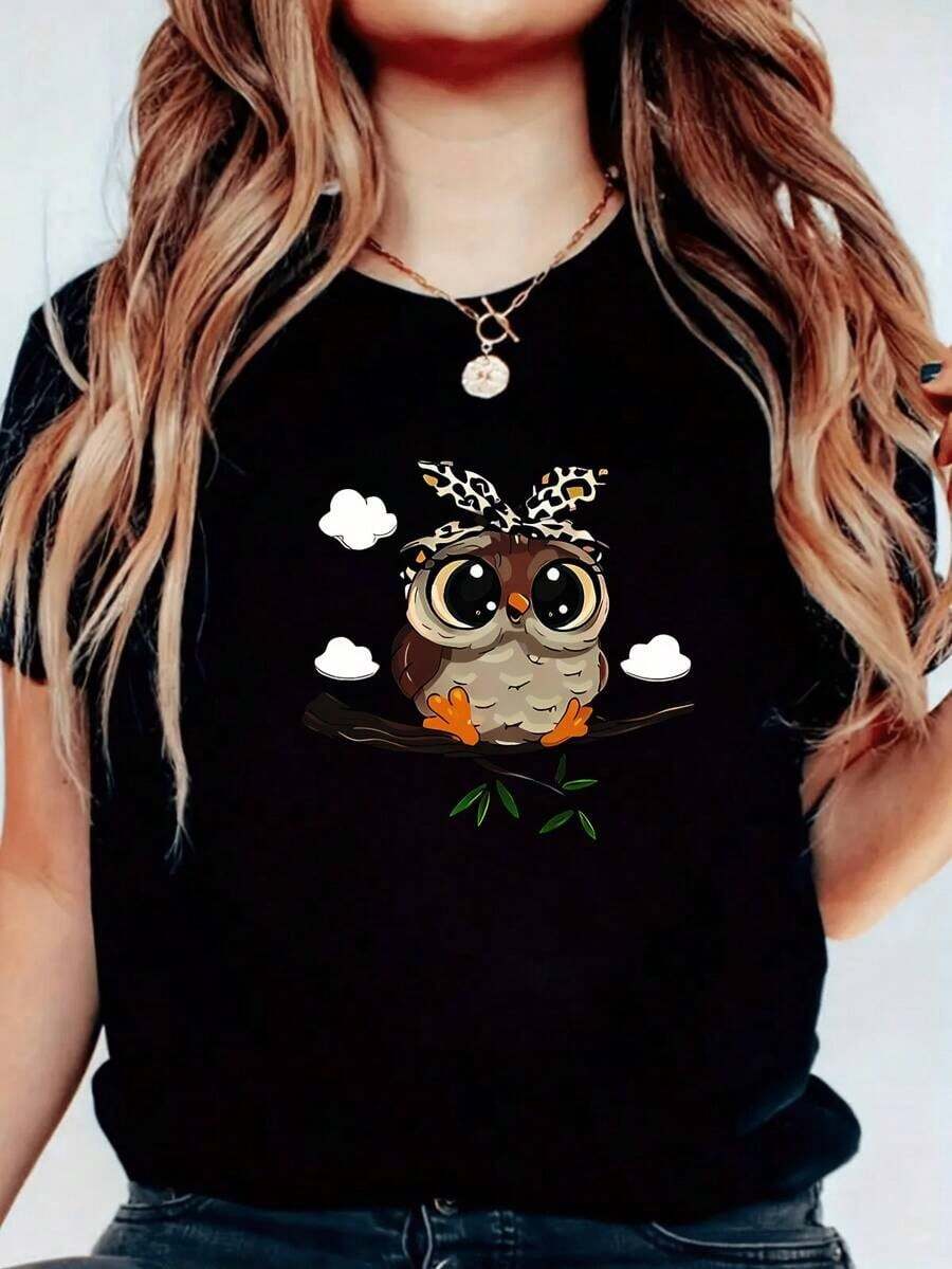 GiftWomen's Long Sleeve T-Shirt With Kawaii Owl Print, Fun And Cute Design For Autumn And Winter, Casual Clothing For Women, Plus Size, Soft Cotton Top - 黑色 - 查看 1