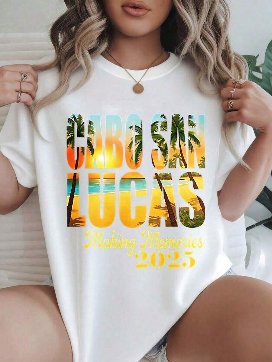 Camiseta Casual con Estampado de Moda para Mujer, Escena de Atardecer Tropical en Cabo San Lucas, Adecuada para Todas las Temporadas  
 -Blanco - Blanco - Ver 1