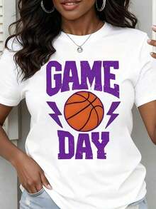 Camiseta de Cuello Redondo para Mujer con Estampado de Baloncesto para Eventos Deportivos y Uso Casual - Blanco - Ver 1
