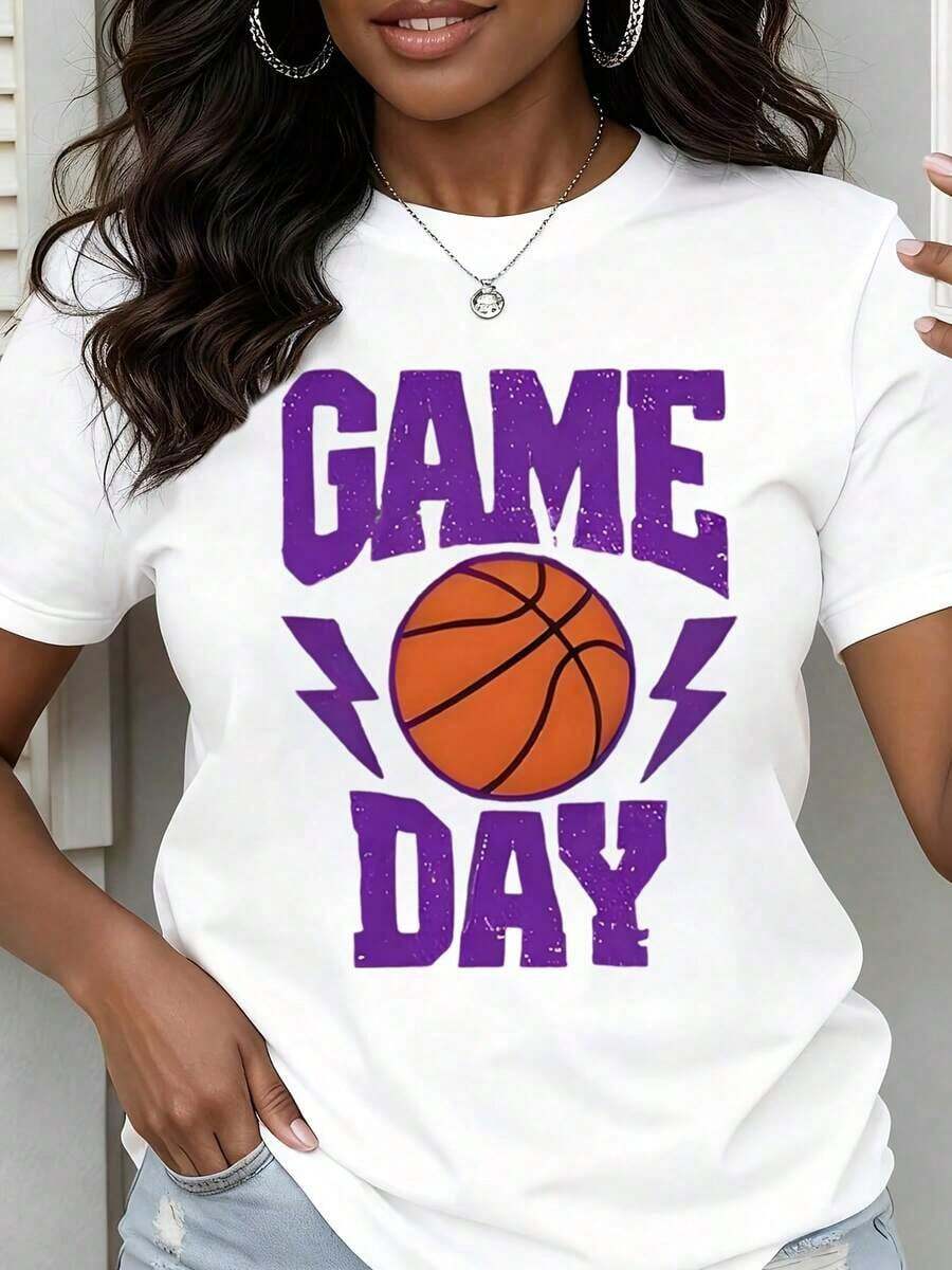 Camiseta de Cuello Redondo para Mujer con Estampado de Baloncesto para Eventos Deportivos y Uso Casual - Blanco - Ver 1