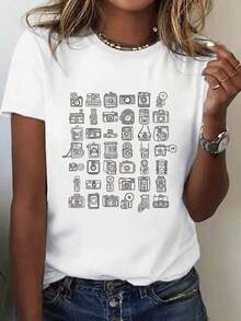 1 Pieza, 100% Algodón Puro, Camiseta con Estampado de Cámara, Camiseta de Manga Corta con Cuello Redondo para Mujer, Primavera y Verano, Top Deportivo Casual Transpirable de Algodón Puro, Regalo para Vacaciones - Blanco - Ver 1