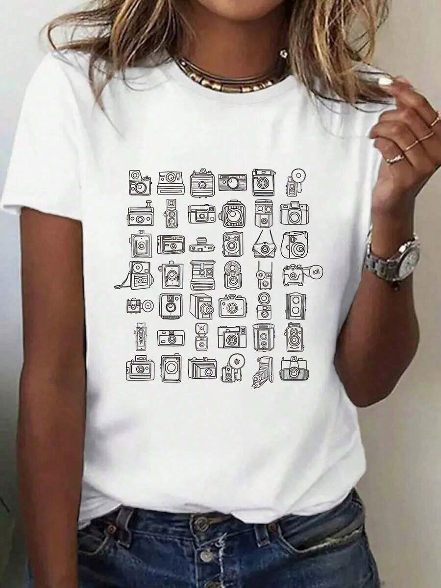 1 Pieza, 100% Algodón Puro, Camiseta con Estampado de Cámara, Camiseta de Manga Corta con Cuello Redondo para Mujer, Primavera y Verano, Top Deportivo Casual Transpirable de Algodón Puro, Regalo para Vacaciones - Blanco - Ver 1