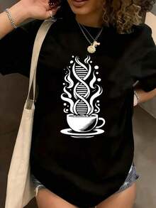 1 pieza Camiseta de Mujer con Estampado Gráfico Divertido y Casual, Estilo Oversize, Manga Corta, Cuello Redondo, Diseño Novedoso, 100% Algodón 180g, 1 pieza. Unisexo. - Negro - Ver 1
