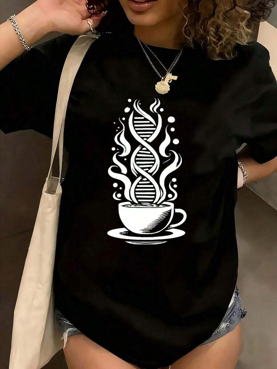 1 pieza Camiseta de Mujer con Estampado Gráfico Divertido y Casual, Estilo Oversize, Manga Corta, Cuello Redondo, Diseño Novedoso, 100% Algodón 180g, 1 pieza. Unisexo. - Negro - Ver 1
