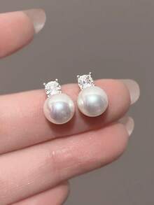 1 par de pendientes de perla falsa y diamante de imitación estilo minimalista clásico, elegantes pendientes de lujo franceses para mujeres, accesorio de moda para uso diario casual - Blanco - Ver 2