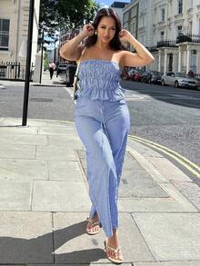 Conjunto de 2 piezas para mujer con top sin tirantes a rayas y pantalón de pierna ancha, con sensación relajada, ajuste elegante, para primavera - Azul - Ver 7