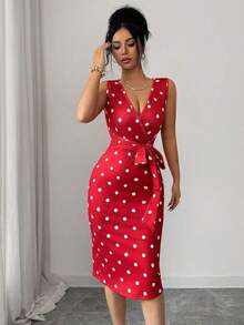 Vestido de longitud media con volantes y cintura con lazo, estampado de lunares elegante, uso casual diario, fiesta, vacaciones, adecuado para el Día de San Valentín, boda, vestido rojo de moda - Rojo - Ver 5