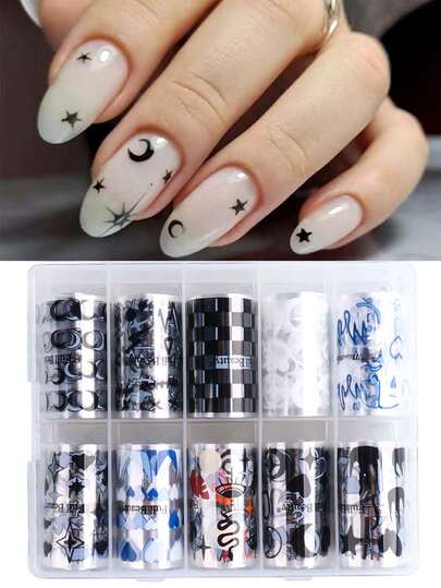 10 Rolls Grid Nail Foil Transfer Paper, 10 Types Of Black Checkerboard Star Moon Crescent Heart Flame Patterns Y2k Nail Stickers, Cute Classic Grid Box Nail Decorations, Japanese Kawaii DIY Nail Supplies