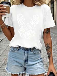 Women's Casual Summer T-Shirt, 100% Premium Cotton With Easter Theme Print, Rabbit And Egg Design, Breathable Shirt For Spring/Summer/Autumn (Machine Washable), Suitable For Casual Sportswear Outfits, Women's Pure Cotton Short Sleeve T-Shirt, Women's Round Neck T-Shirt - Unisex Loose And  Cotton Short Sleeve T-Shirt. - 白色 - 查看 7