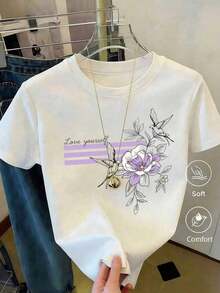 Camiseta con estampado de camisa casual para mujer, manga corta y cuello redondo, moda urbana local de primavera/verano. - Blanco - Ver 10
