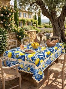 1pc Blue Lemon Floral Print Tablecloth Rectangular Table Cover Mediterranean Style Polyester Fabric Waterproof Oilproof Tablecloth Lemon Pattern Blue Flower Table Cloth Elegant Vintage Farmhouse Table Cover For Dining Table Kitchen Table Outdoor Patio Garden Picnic Party Wedding Holiday Summer Spring Home Decor - Multicolor - View 11