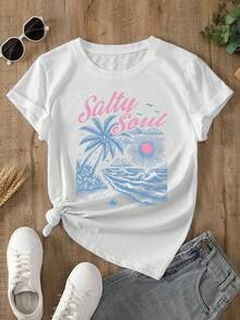 Camiseta blanca oversize para mujer con estampado "Salty Soul" y playa, estilo veraniego y relajado Playera oversize blanca con diseño de playa y frase - YH476-Blanco - Ver 2