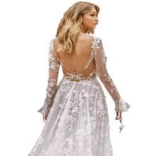 Women's Lace Long Sleeve Wedding Dress, Deep V Neck A-Line Bridal Gown, Floral Applique Tulle Maxi Dress - trắng - Xem 6