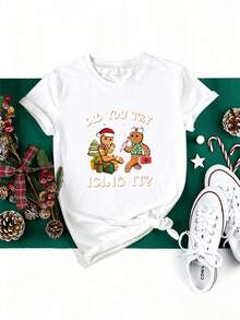 Soft 100% Cotton Women's T-Shirt With Gingerbread Man Print - Short-Sleeved Crew Neck T-Shirt With Gingerbread Man Design, Casual Wear, All-Season Top (Machine Washable). Breathable Cotton T-Shirt, Goes With Everything. - 白色 - 查看 6