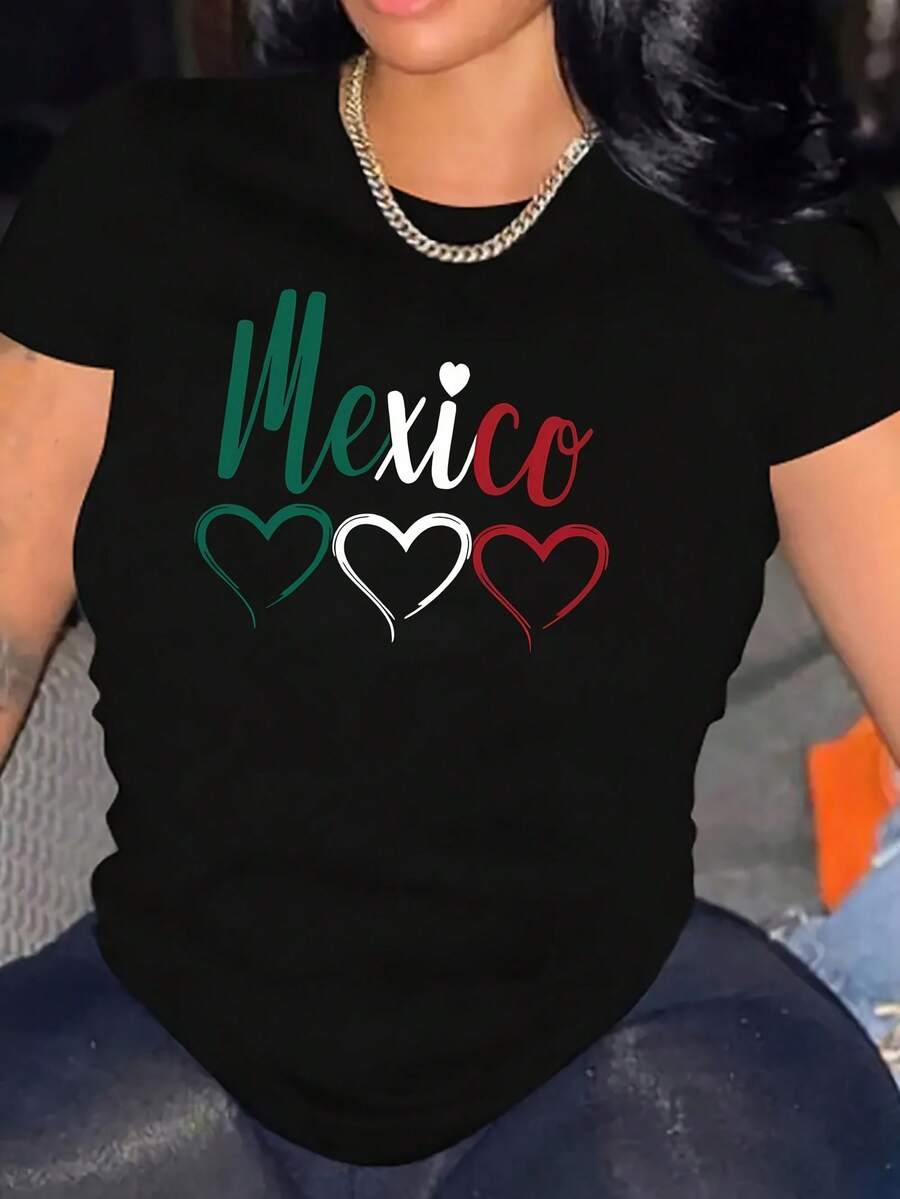 Regalo [Camiseta de Manga Corta para Mujer] Camiseta de Manga Corta para Mujer con Estampado Vibrante y Moderno - Diseño de Corazón Estilo Mexicano, Mezcla de Poliéster, Fácil de Lavar a Máquina, Top Casual de Cuello Redondo Perfecto, Adecuado para Todas las Temporadas, Múltiples Colores y Tallas Disponibles, Elegante para Eventos Sociales, Suave - Negro - Ver 1