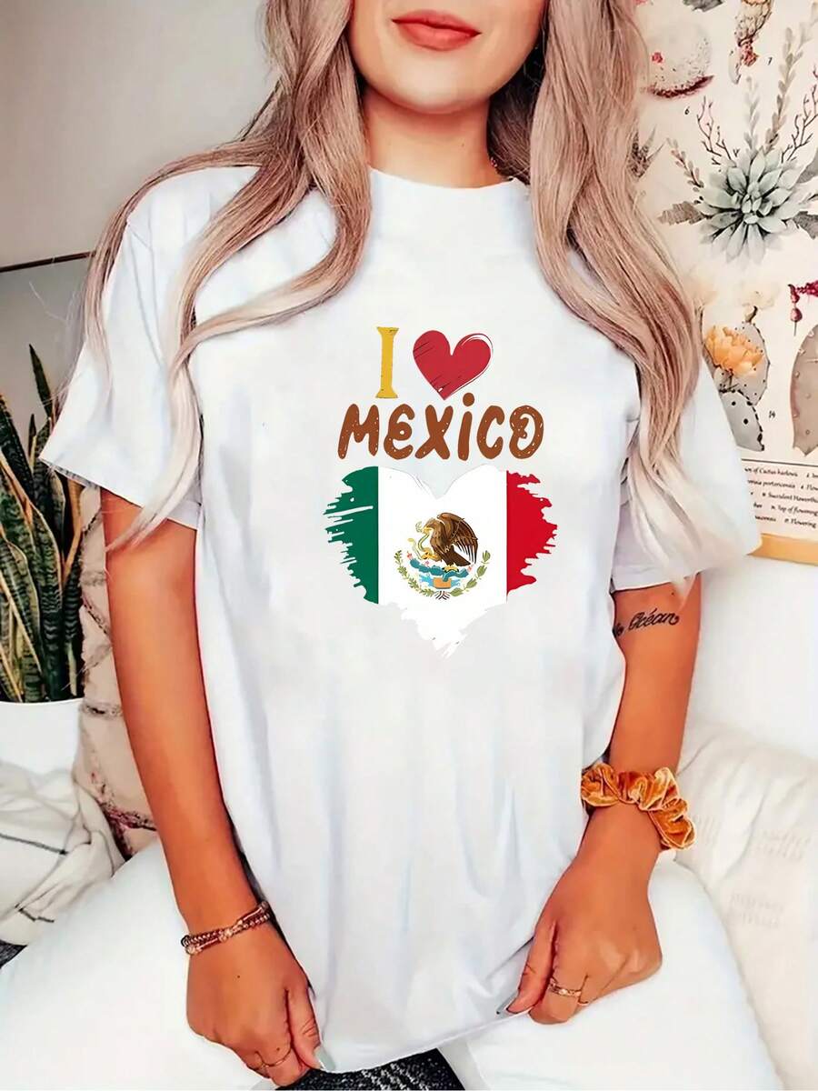 "I Heart Mexico" Graphic Print T-Shirt, Casual Short Sleeve Round Neck Top, Women's Knit T-Shirt In Polyester And Spandex Blend, Versatile And Comfortable Garment For All Seasons, Y2k T-Shirt. - 白色 - 查看 1