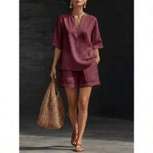 (Free Shipping)2026 Spring/Summer Women's Solid Color V-Neck Linen-Cotton Casual Top And Shorts Two-Piece Set - Blue - View 10