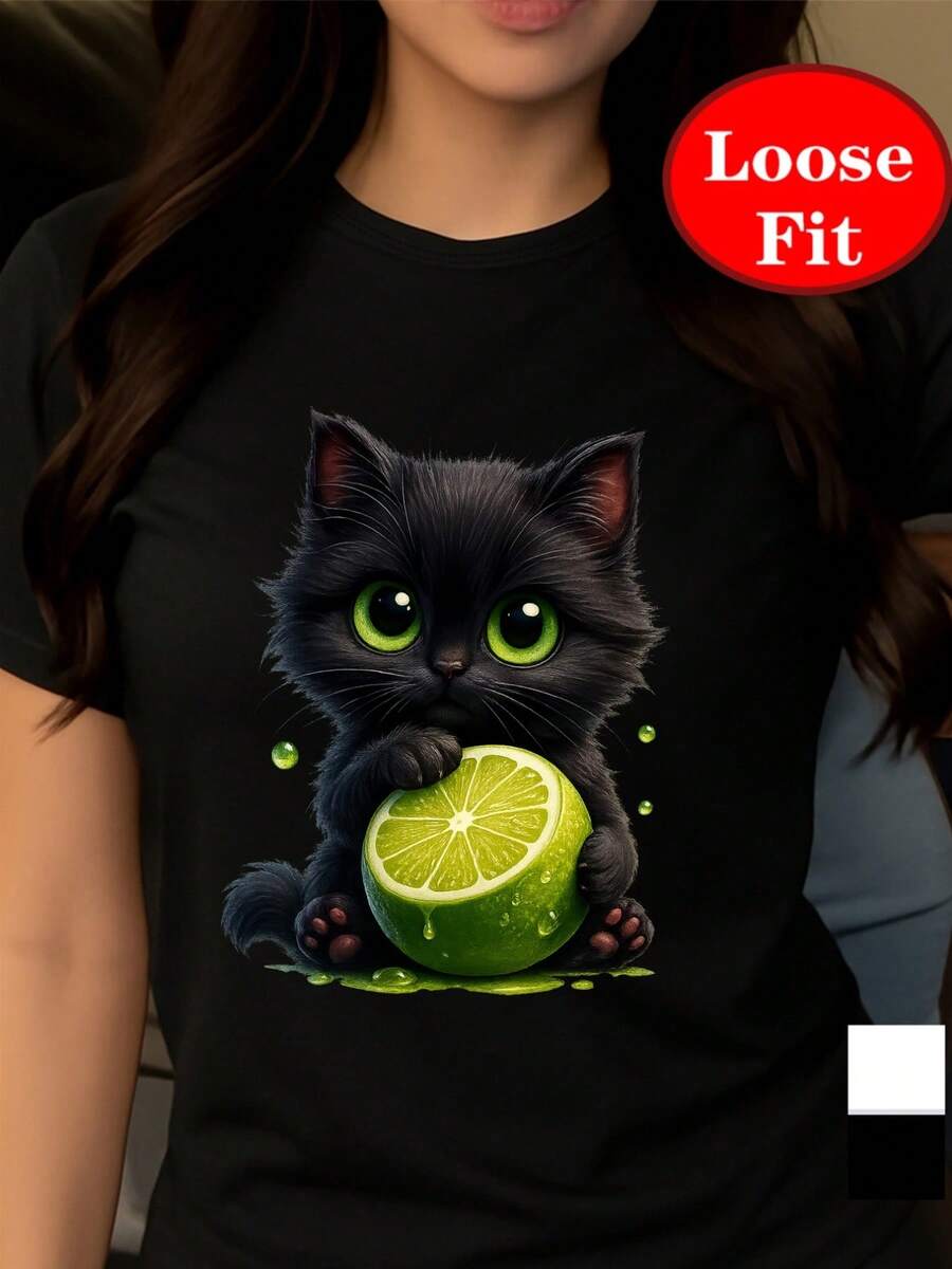 Short-Sleeved T-Shirt With Round Neck And Cat And Lime Print, Casual Top For Spring And Summer, Plus Size Women's Clothing, Comfortable Cotton T-Shirt. - 黑色 - 查看 1