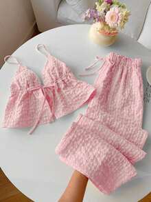 2 piezas Conjunto casual de vacaciones con rayas tejidas amarillas para mujer, /verano - Rosa 2 - Ver 8