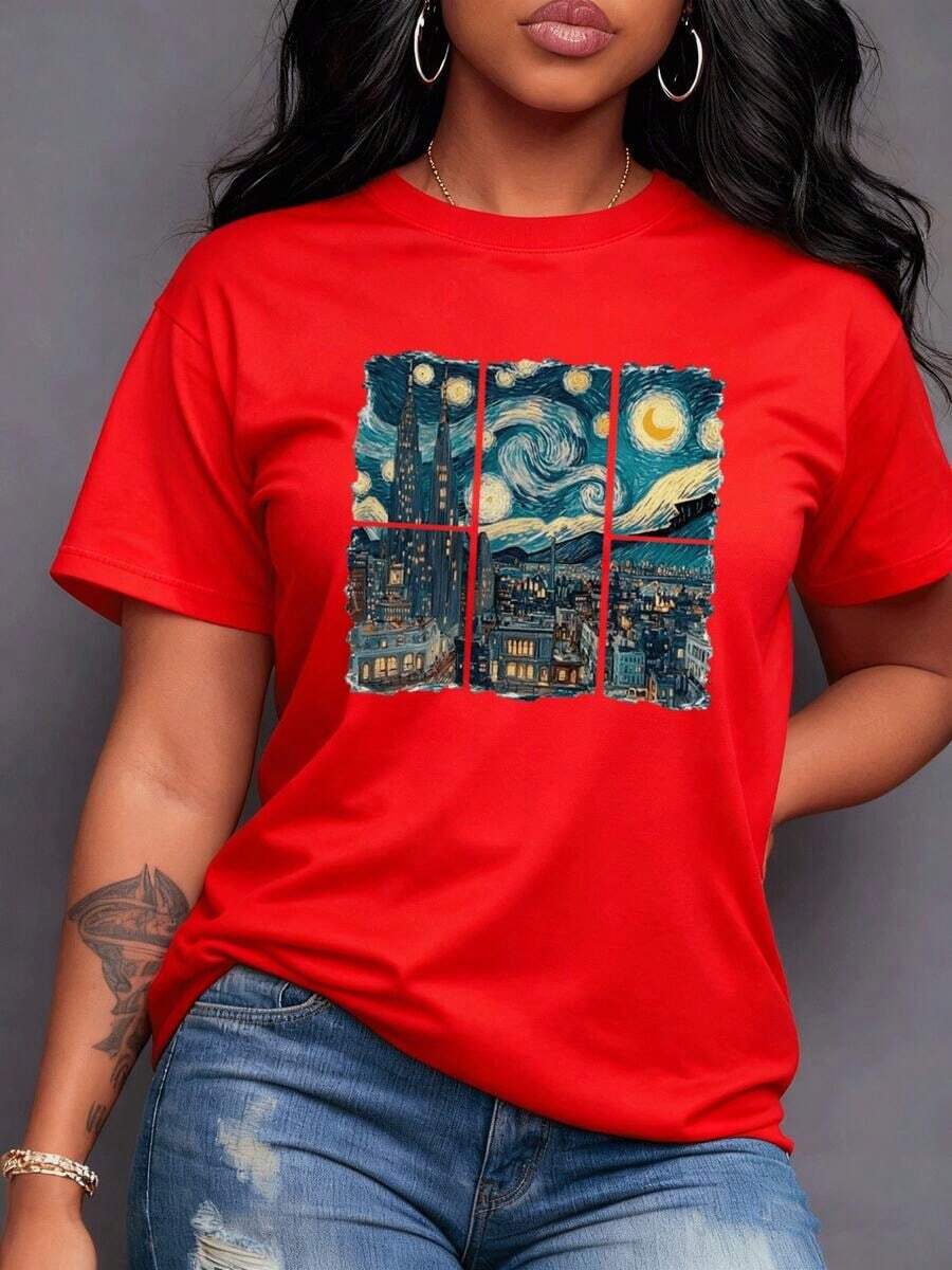 A Vibrant Night Cityscape With Skyscrapers And A Swirling Starry Sky. This Fusion Of Urban Energy And Cosmic Magic Creates A Captivating Dreamlike Atmosphere. Women's 100% Cotton T-Shirt, Maija Women's Curvy Style. - 紅色 - 查看 1