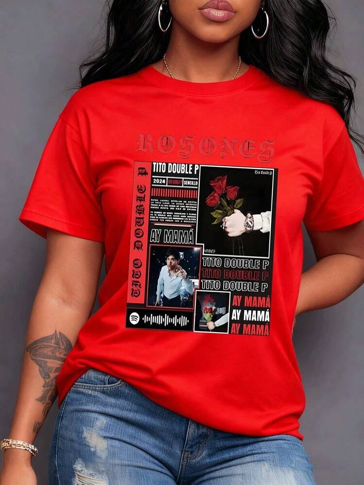 A Vibrant Collage Of Tito Double P Red Roses, Spotify Code, And The Slogan "Ay Mamá" Celebrates Urban Culture, Ideal For Female Fans. Women's 100% Cotton T-Shirt, Comfortable, Casual, Youthful, Maija Curvy Woman. - 紅色 - 查看 1