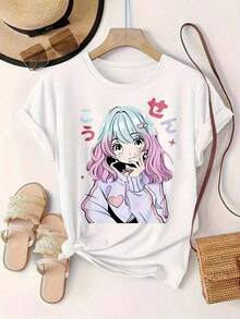 Under The Radar Casual T-Shirt With Anime Print Of A Girl With Pink Hair And Heart Details, Suitable For All Seasons

-White 100% Cotton Suitable For Versatile Casual Wear In Spring, Summer And Autumn-Vintage Street Style Unisex Loose Cotton Short Sleeve Crew Neck T-Shirt - 白色 - 查看 2
