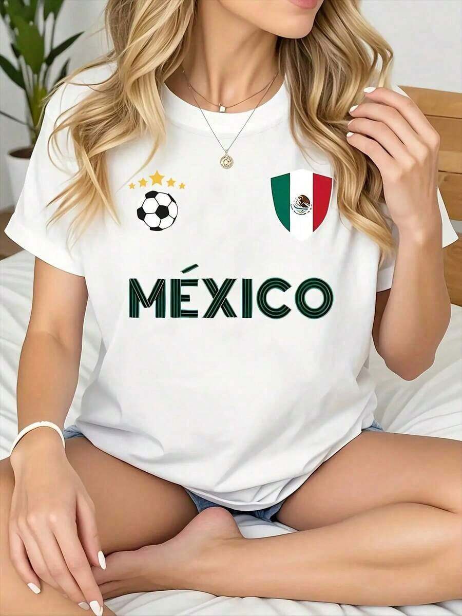 Custom 100% Pure Cotton T-Shirt With A Graphic Of The Mexican Flag And A Soccer Ball, Simple White Casual Style, Soft And Comfortable, Round Neck And Short Sleeves, Urban Fashion Top For All Seasons, Casual Round Neck T-Shirt. Unisex Vintage Urban Style Loose Fit Cotton Short Sleeve Round Neck T-Shirt - 白色 - 查看 1