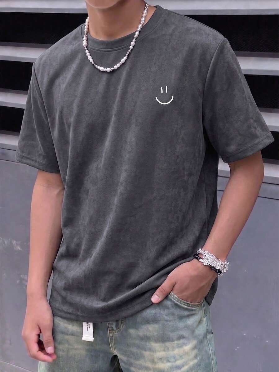 Camiseta de manga corta con estampado de ante suelta para niños y adolescentes, estilo universitario informal, primavera/verano - Gris - Ver 1