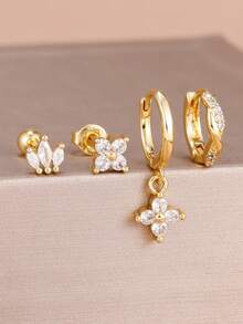 4件/組新款18K鍍金水晶彎曲耳環女款，耳軟骨與耳垂耳釘飾品 - 1-Gold-4PCS - 查看 1