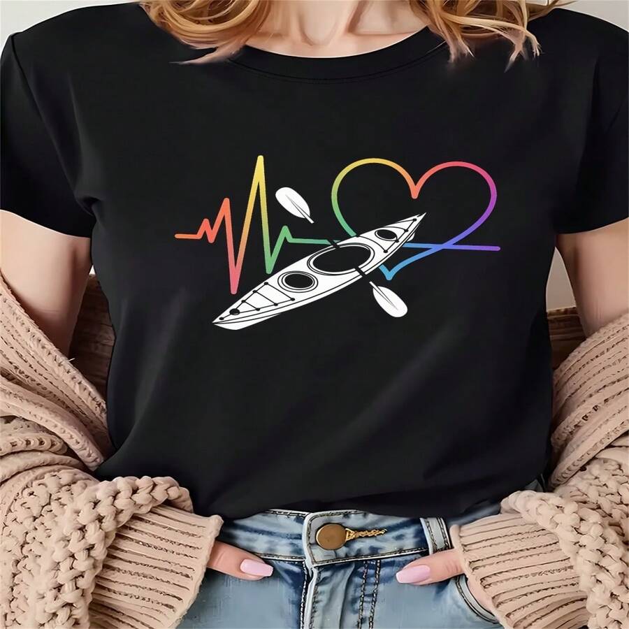 Women's Casual Cotton Short Sleeve Round Neck T-Shirt With Kayaking Heartbeat Graphic Print - 黑色 - 查看 1