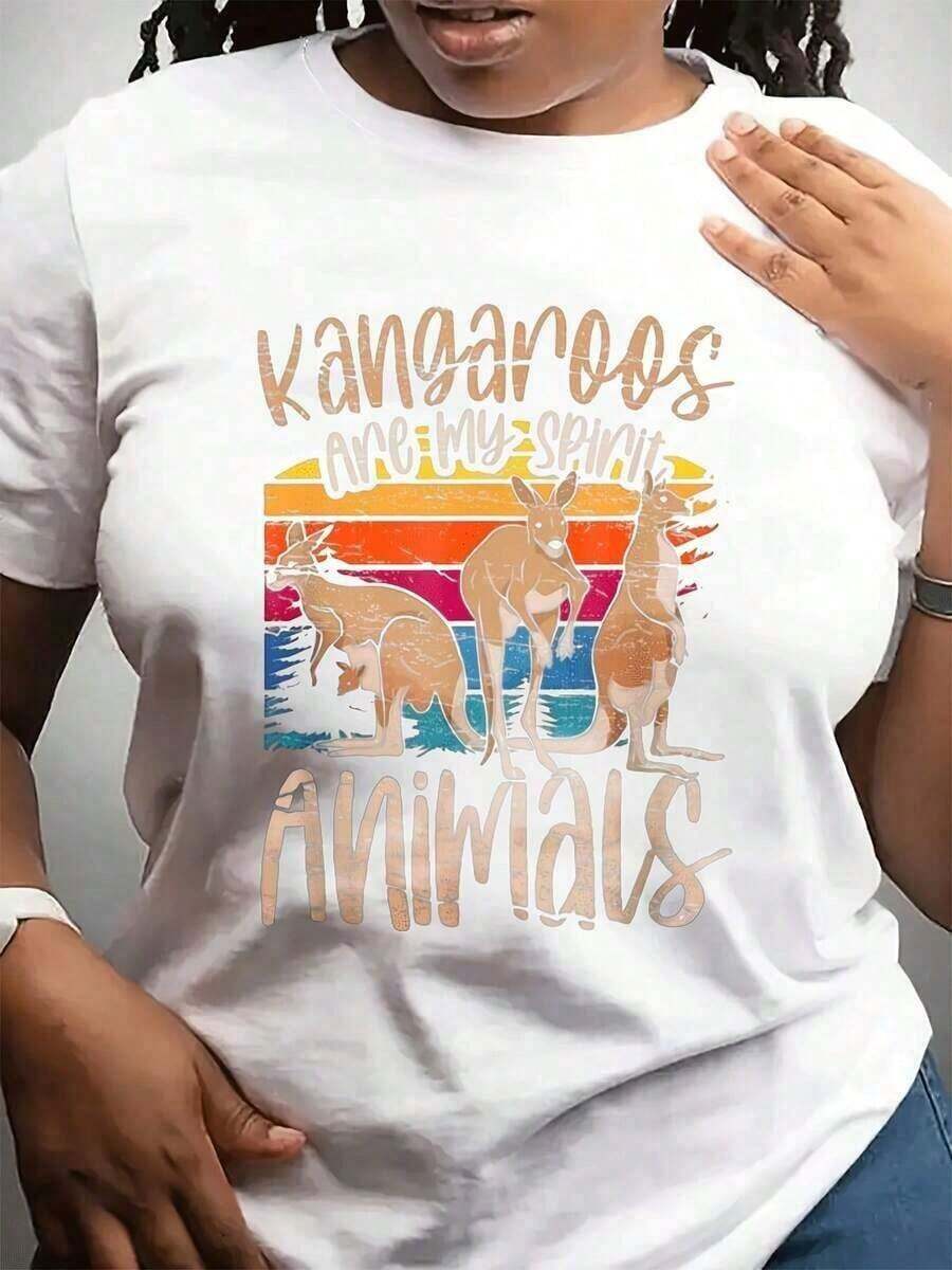 Camiseta de Verano para Mujer, Nueva Camiseta Casual de Manga Corta con Cuello Redondo para Mujer | Patrón impreso de tres canguros con fondo degradado retro, adecuado para uso diario y para regalar a familiares y amigos.100% Algodón, Talla Grande, Patrón Retro, Manga Corta - Blanco - Ver 1