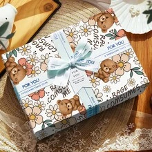 Giấy gói quà hình gấu bông và hoa lá, thiết kế sọc vẽ tay, thích hợp để gói quà sinh nhật, đám cưới, ngày lễ và sử dụng hàng ngày. - Nhiều màu - Xem 5