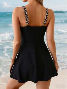 Swim Lushoire Vestido de verano de playa casual y elegante de unicolor con volantes en el dobladillo, traje de baño de una sola pieza para mujer - Multicolor - Ver 2