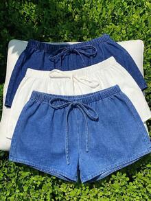 Set de 3 piezas de shorts casuales sueltos con cintura anudada para mujer - Multicolor 3 - Ver 6