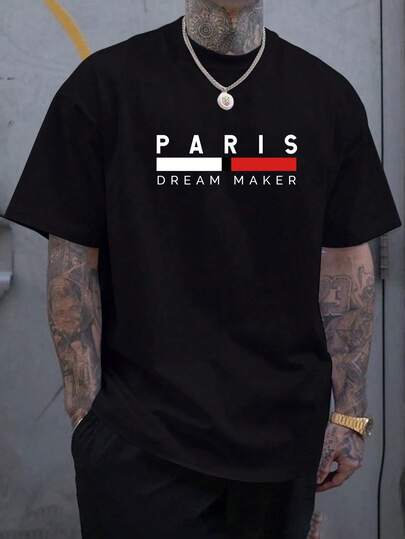 Men's Trndy "Paris" Lettering T-Shirt, Casual Streetwear Style, Short Sleeve And Round Neck.