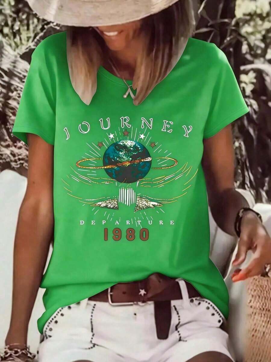 New Women's Vintage Summer Casual T-Shirt With 80s 'Journey Departure' Print, Short Sleeve, Comfortable Fit, Round Neck - Vintage Urban Style, Unisex, Cotton, Short Sleeve, Round Neck - 綠色 - 查看 1