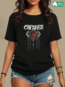 1 pieza de blusa para mujer, hermosas blusas para mujer, conjuntos de ropa para mujer, camiseta Caifanes 180G en blanco y negro con estampado de corazón y calavera, de alta calidad, cuello redondo, corte holgado básico, transpirable, versátil, lavable a máquina, cómoda, talla S ~ 3XL, esencial para uso diario, casual y deportivo en verano. - Negro - Ver 3