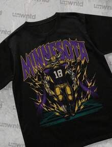 Camiseta casual de  de manga regular y cuello redondo con estampado gráfico de un jugador de fútbol americano de Minnesota, blusas para mujer, blusas, blusas casuales para mujer, tops para mujer, tops, unisex. - Negro - Ver 1