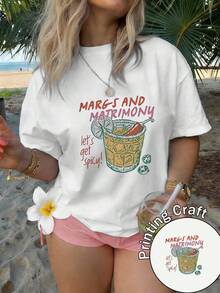 Women's Summer 2026 T-Shirt With Daisy Print And 'MARGS AND MATRIMONY' Text, Casual Design, Easy To Wash, Ideal For Travel And Everyday Wear - 白色 - 查看 6