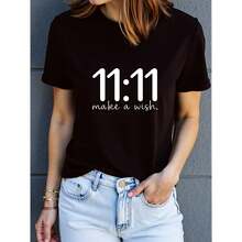 Women's 11 11 Print T-Shirt - Soft And Breathable, Quick-Drying, Casual Sports Top With 11 11 Design And 'Wish' Text - Brown With Black, Ideal For Casual Wear, Gym And New Year's - [] - 查看 1