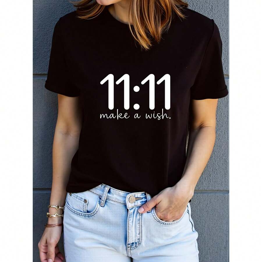 Women's 11 11 Print T-Shirt - Soft And Breathable, Quick-Drying, Casual Sports Top With 11 11 Design And 'Wish' Text - Brown With Black, Ideal For Casual Wear, Gym And New Year's - [] - 查看 1